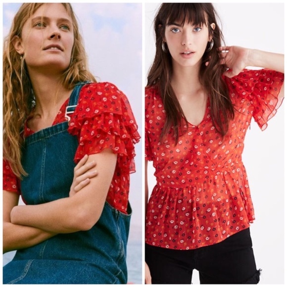 Madewell Tops - Madewell Prairie Posies Tiered-Sleeve Peplum Top